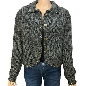 Zara Lady Jacket Cardigan Small Striped Gray Multi Gold Button Preppy Classic